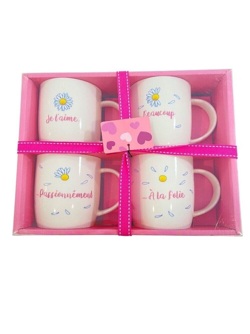 Set Of 4 Ceramic Daisy-Themed French Love Quote Mugs In Pink Gift Box graphic